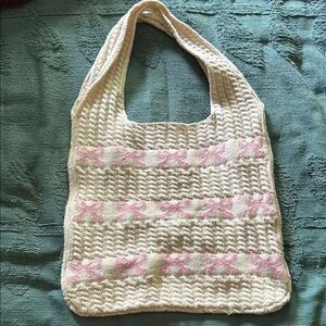 NWOT Unknown Brand White With Pink Bows Stretch Sweater Like Purse Shoulder Bag